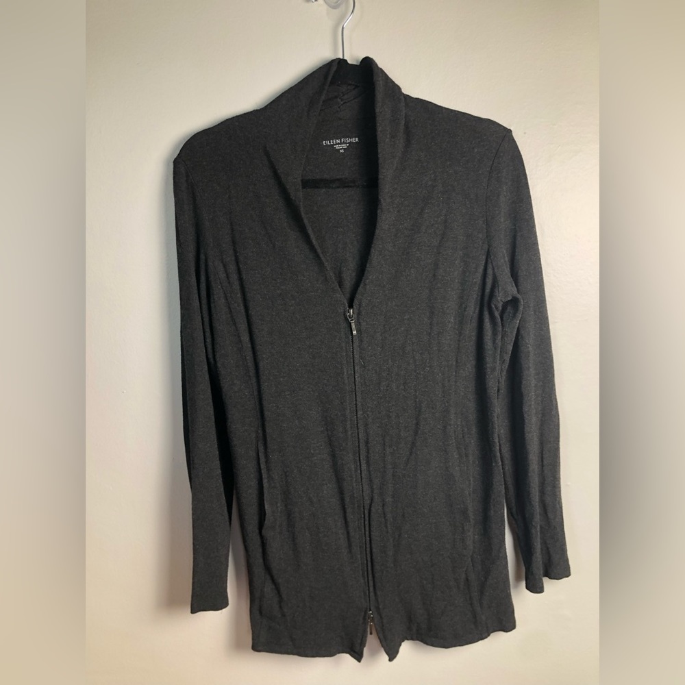 EILEEN FISHER Cardigan S Stretch Viscose Jersey Full Zip Long Sleeve Charcoal